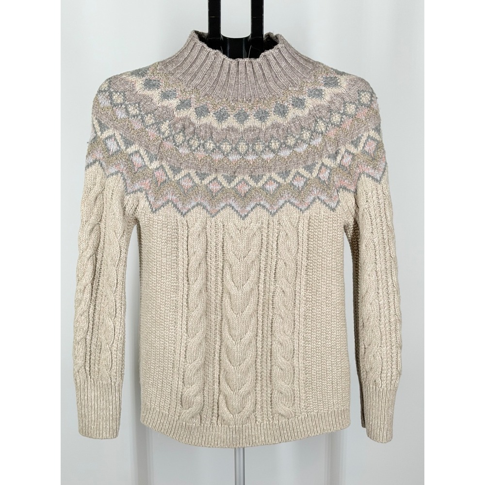 Chicos Fair Isle Cable Knit Sweater Beige Oatmeal Mock Neck Size 0 Small